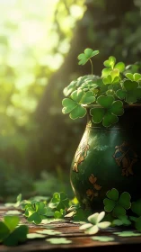 Sunlit clover pot spilling gentle luck into the garden.