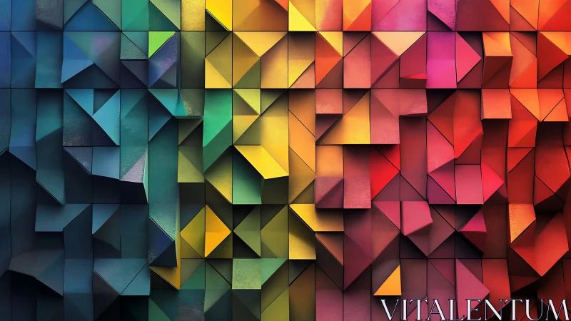 Geometric color wall with faceted cubes in gradient spectrum.