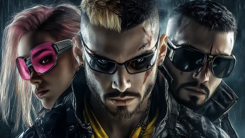 Cyberpunk trio stands defiant in neon rain-soaked night