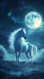 White horse on rocky hill under full moonlit night sky.