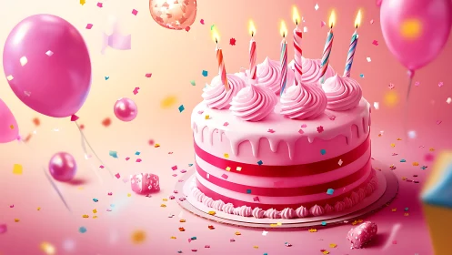 Vibrant Pink Birthday Celebration with Cake and Floating Balloons
