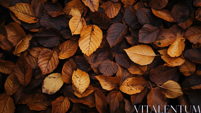 Golden brown autumn leaves in textured overhead composition.