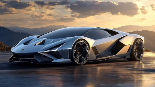 Futuristic silver hypercar rests on wet asphalt at sunset