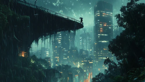 Solitary observer atop biophilic megacity viaduct in rain.