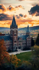 Golden hour over a storybook campus tower and quad.