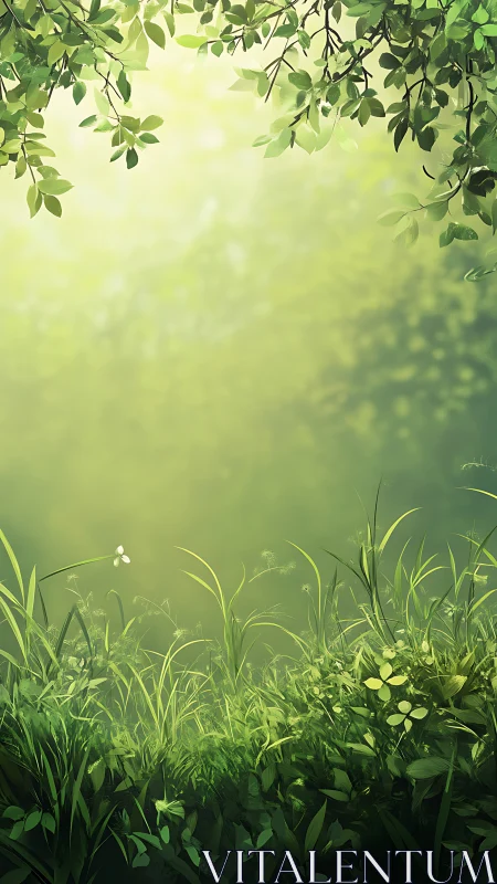 Sunlit forest clearing glows with soft green tranquility.