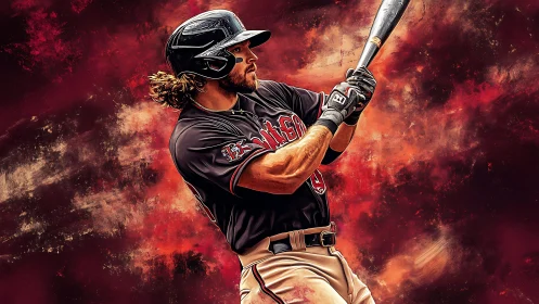 Baseball batter preparing swing against abstract red background.