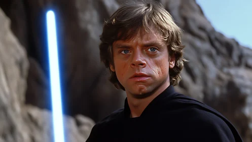 Male figure in black robe stands before rock face outdoors