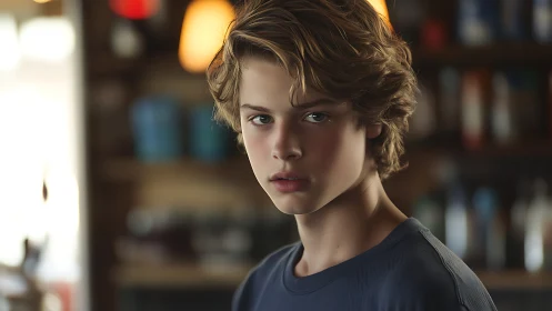 Moody boy portrait in softly lit indoor setting.