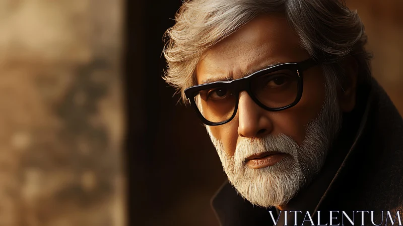 Elderly man portrait with gray beard, black glasses, warm bokeh