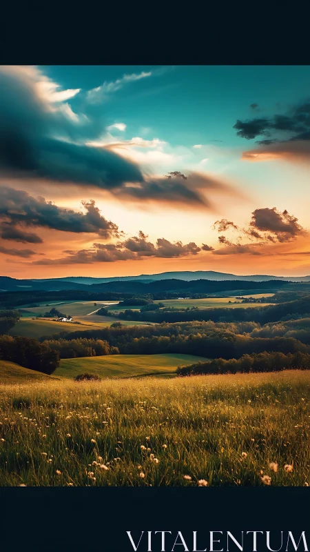 Rolling valley fields drink in a storm-tipped golden sunset
