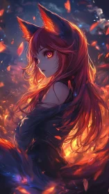 Fox-eared anime sorceress turns amid fiery bokeh embers
