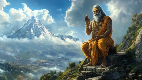 Mountain sage in saffron robes contemplates a vast Himalayan valley