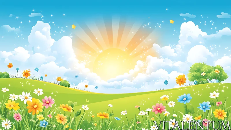Cartoon landscape with sun, clouds, rolling hills and flowers.