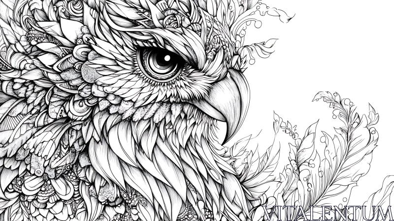 Intricate Owl Line Art with Detailed Feathers and Botanical Elements.