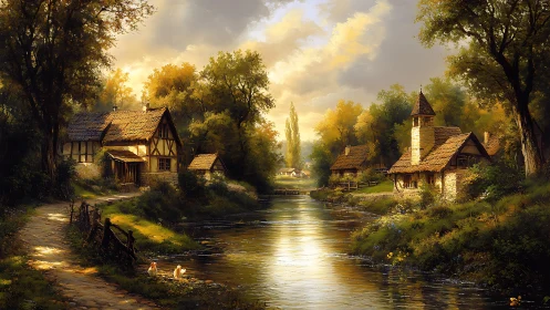 Riverside village landscape shows cottages, trees and path