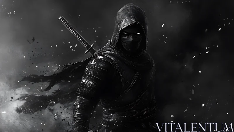 Silent hooded ninja steps from swirling shadows with calm power