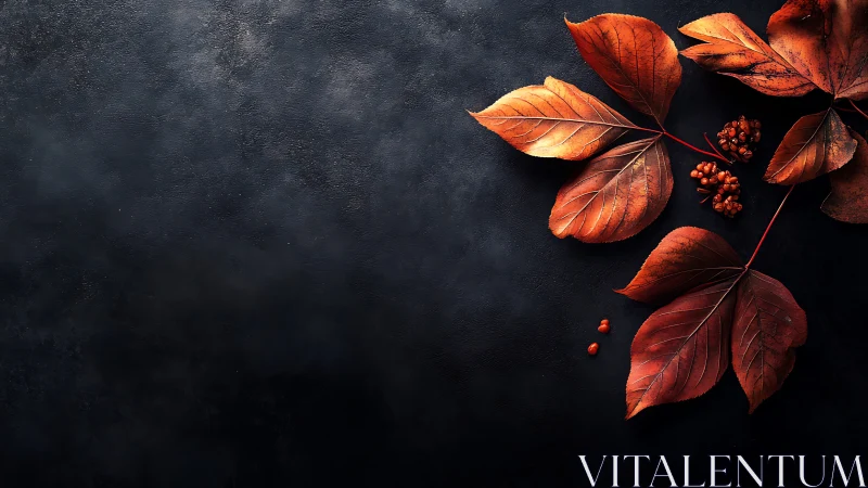 Autumnal leaf cluster on textured low key charcoal surface.