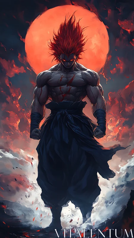 Volcanic warrior silhouette under eclipsed blood moon sky.