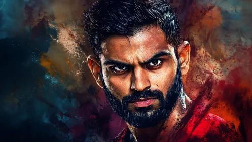 Intense male portrait ignites dynamic abstract color storm.