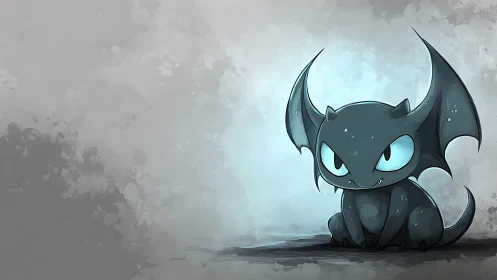 Moody chibi dragon sits in a misty, glowing twilight haze