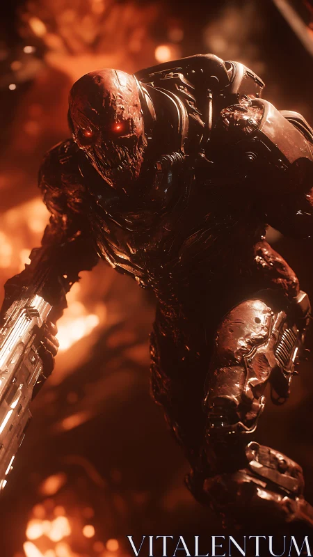 Armored demonic cyborg soldier in fiery battle stance.