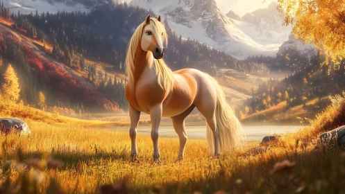 Golden palomino horse in luminous alpine autumn meadow.