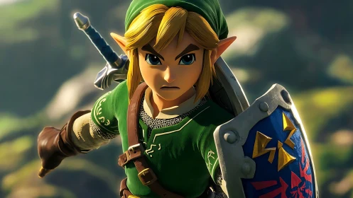 Elf warrior with sword and shield in stylized landscape scene.