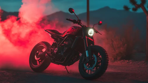 Custom street motorcycle in red smoke at dusk in desert
