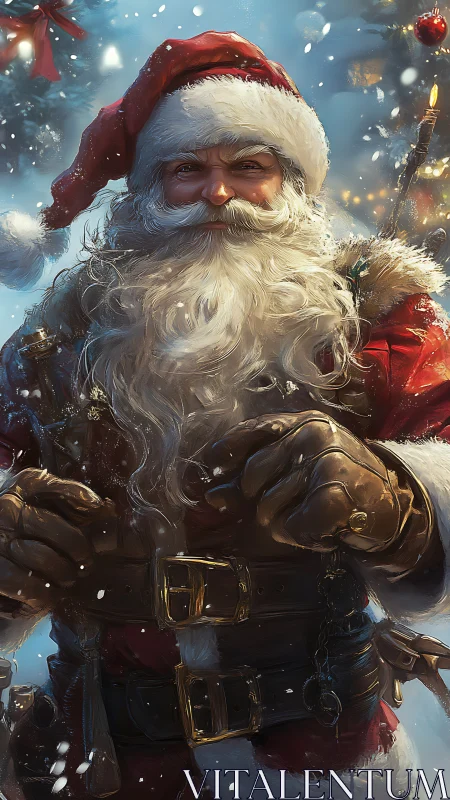 Festive Santa portrait in snowy magical atmosphere.