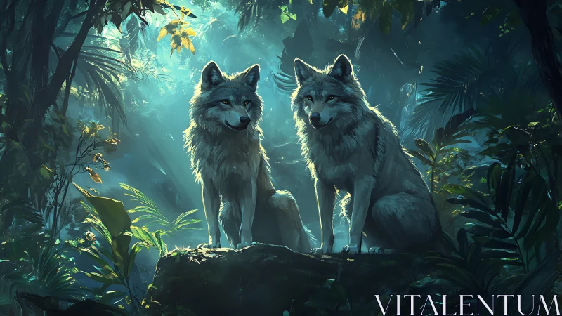 Pair of canine subjects positioned in forest environment with overhead illumination.