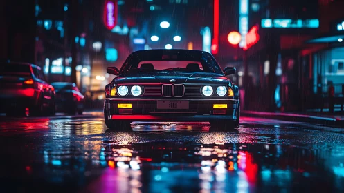 Black BMW coupe in neon lit rainy city street at night.