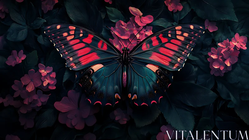 Vivid butterfly resting on dark floral garden at night.