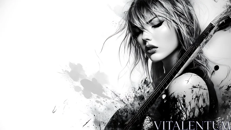 Monochrome female portrait with guitar and ink splashes.