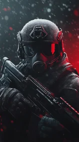 Heavily armed frost-covered soldier advances through snow