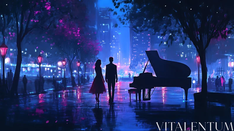 Silhouetted couple stands by grand piano in wet city plaza