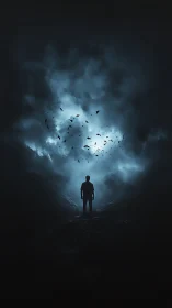 Backlit human silhouette beneath turbulent nocturnal cloudbreak.