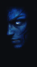Intense blue alien face in dramatic side portrait closeup.