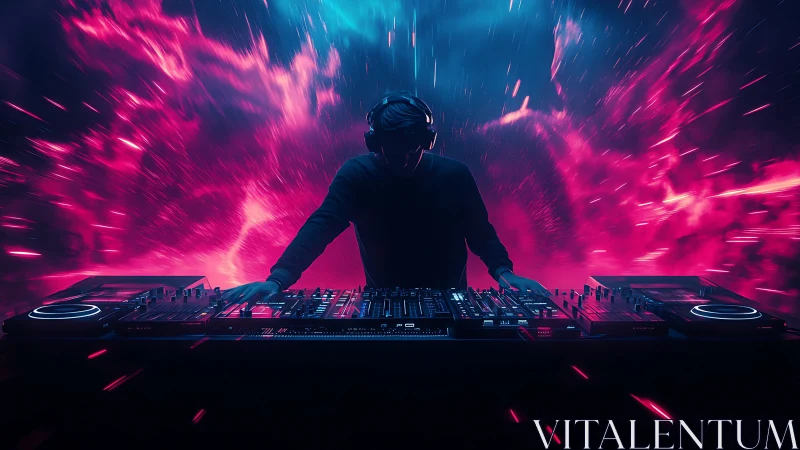 DJ silhouette at controller desk amid neon light field.