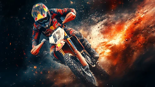 Motocross rider on dirt bike amid dynamic dust trail.