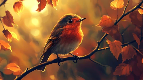Vibrant Robin Perched on Autumn Branch, Digital Art Masterpiece.