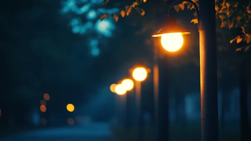 Row of warm park lamps receding into soft twilight bokeh