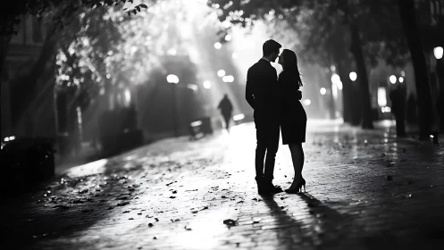 Couple Sharing Intimate Moment on Rainy Urban Street.