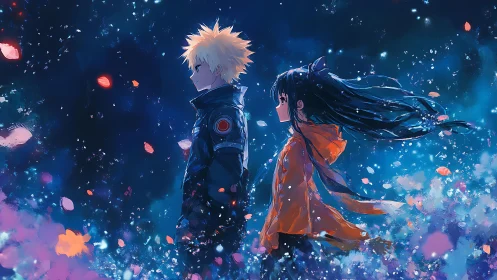 Starlit petals drift while two dreamers share silent resolve