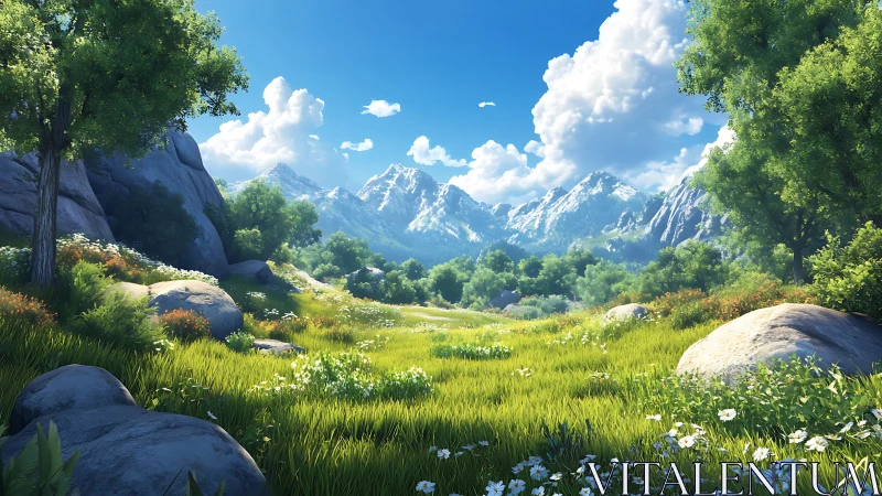 Sunlit mountain meadow opening onto bright summer skies.