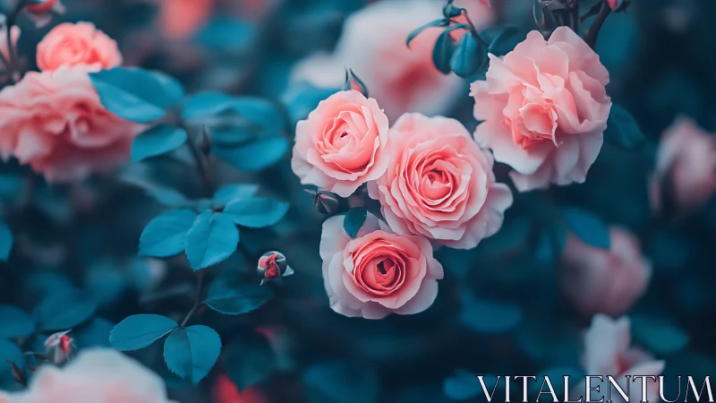 Pink Roses with Teal Foliage in Soft Focus.