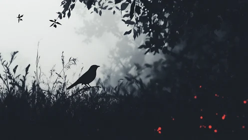 Solitary bird watches a misty forest horizon ignite softly