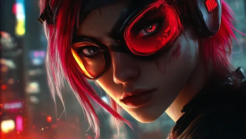 Cyberpunk woman with red hair and visor in neon cityscape.