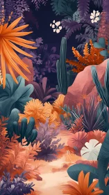 Colorful stylized jungle path with dense tropical plants.