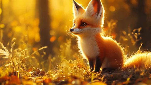 Orange fox-like creature in warm backlit forest setting.